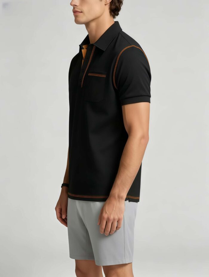 Luxury Contrast Stitch Trim Collared Pocket Polo, Solid Slim Fit Short Sleeve Minimalist Pullover for Men - Image 11