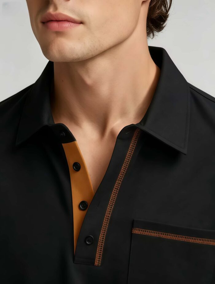 Luxury Contrast Stitch Trim Collared Pocket Polo, Solid Slim Fit Short Sleeve Minimalist Pullover for Men - Image 12