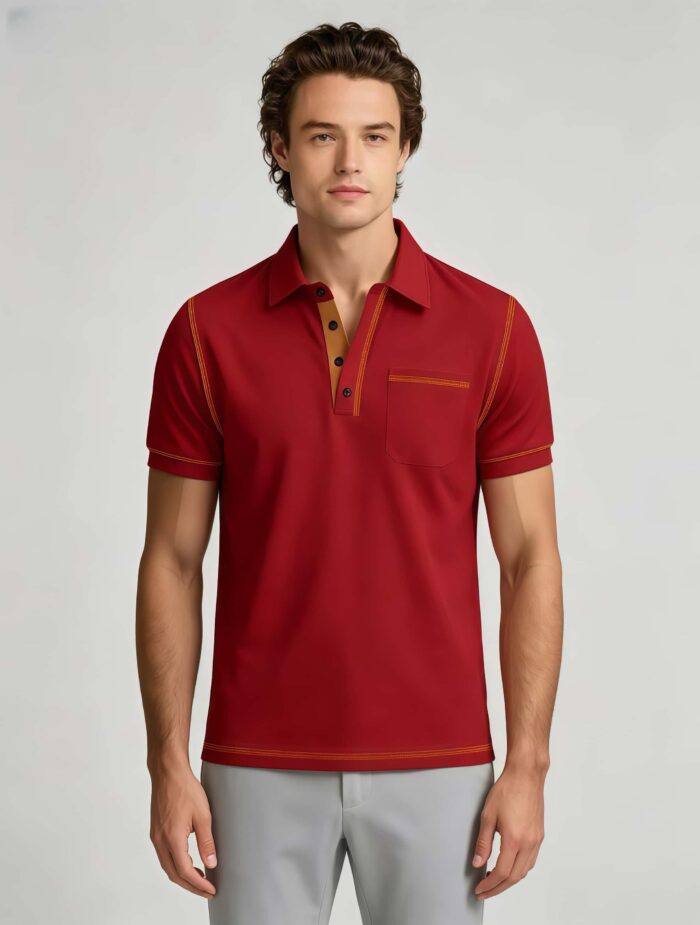 Luxury Contrast Stitch Trim Collared Pocket Polo, Solid Slim Fit Short Sleeve Minimalist Pullover for Men - Image 2