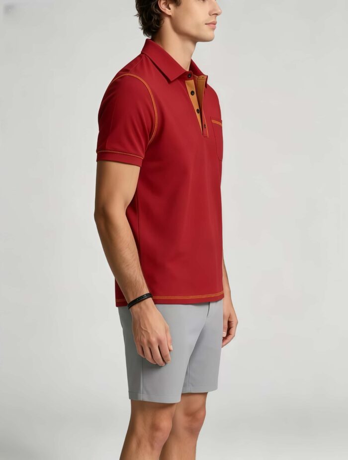 Luxury Contrast Stitch Trim Collared Pocket Polo, Solid Slim Fit Short Sleeve Minimalist Pullover for Men - Image 4
