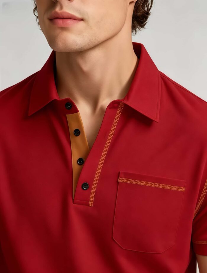 Luxury Contrast Stitch Trim Collared Pocket Polo, Solid Slim Fit Short Sleeve Minimalist Pullover for Men - Image 3
