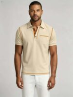 Luxury Contrast Stitch Trim Collared Pocket Polo, Solid Slim Fit Short Sleeve Minimalist Pullover for Men - Image 14