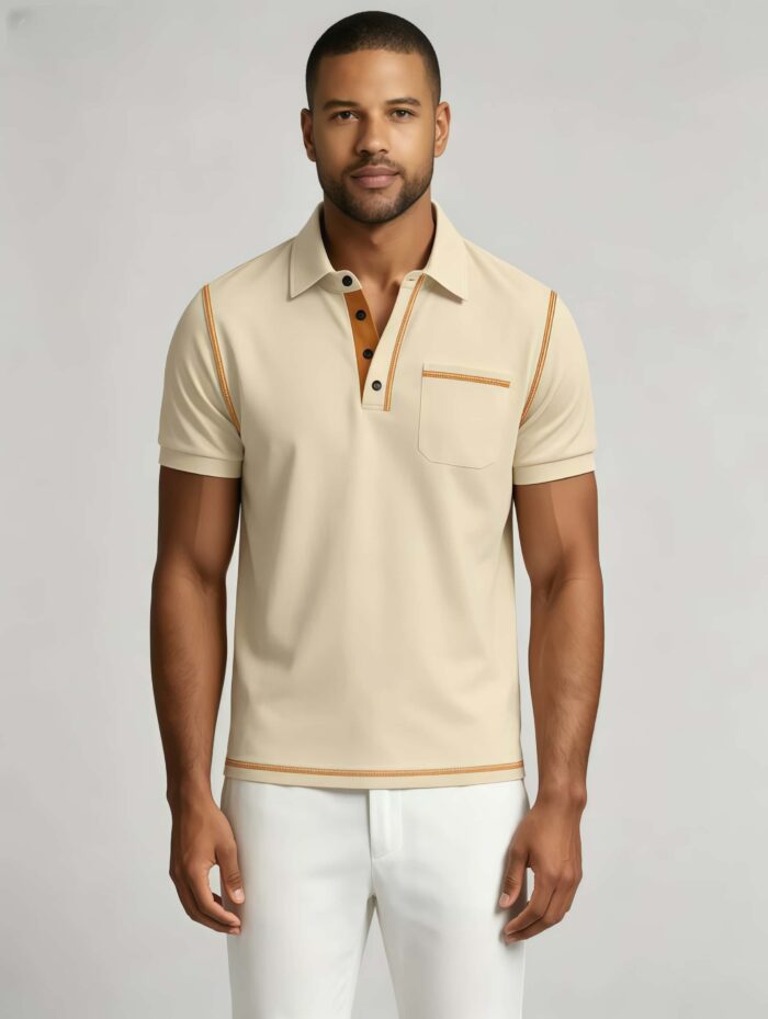 Luxury Contrast Stitch Trim Collared Pocket Polo, Solid Slim Fit Short Sleeve Minimalist Pullover for Men - Image 14