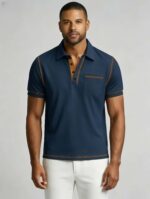 Luxury Contrast Stitch Trim Collared Pocket Polo, Solid Slim Fit Short Sleeve Minimalist Pullover for Men - Image 17