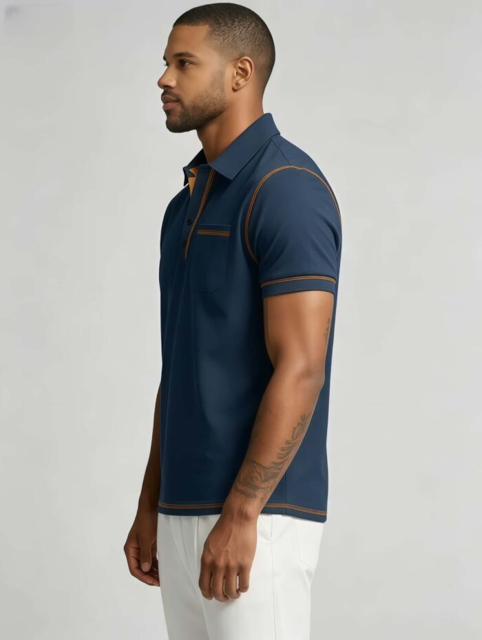 Luxury Contrast Stitch Trim Collared Pocket Polo, Solid Slim Fit Short Sleeve Minimalist Pullover for Men - Image 18