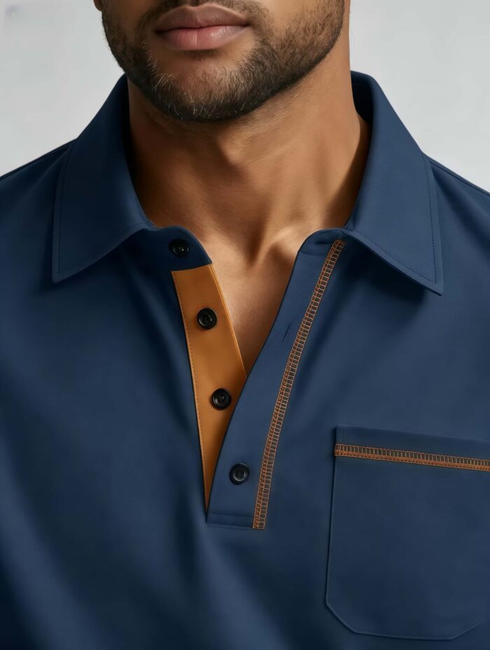 Luxury Contrast Stitch Trim Collared Pocket Polo, Solid Slim Fit Short Sleeve Minimalist Pullover for Men - Image 19