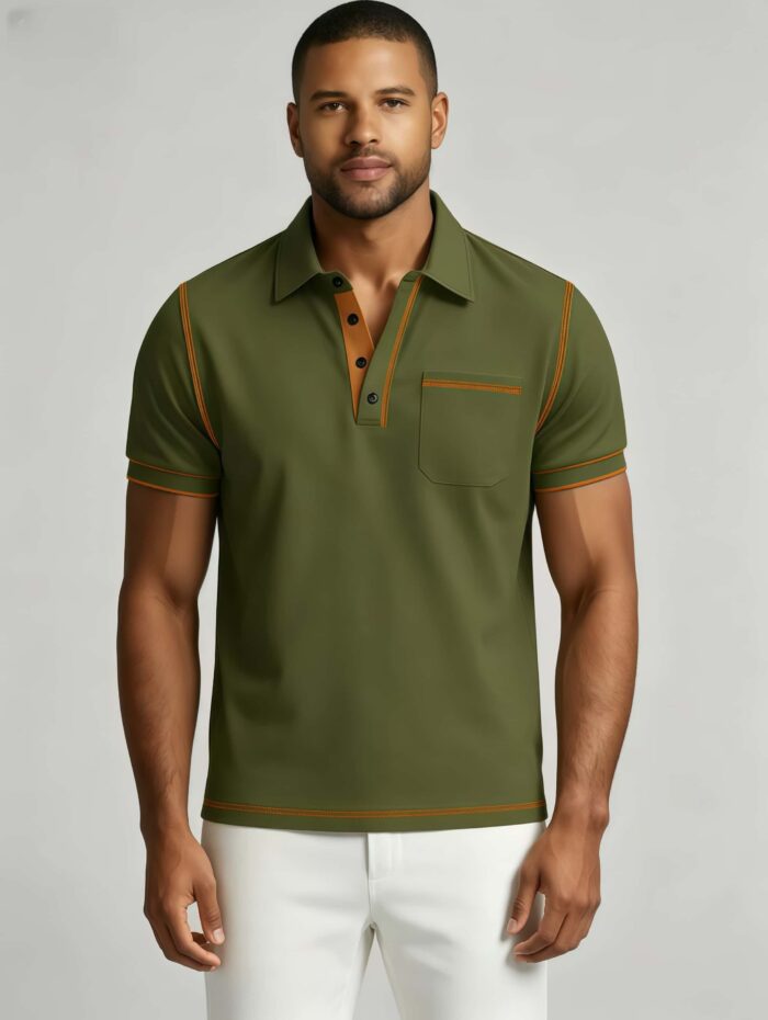 Luxury Contrast Stitch Trim Collared Pocket Polo, Solid Slim Fit Short Sleeve Minimalist Pullover for Men - Image 21