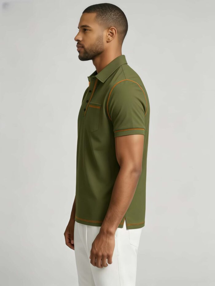 Luxury Contrast Stitch Trim Collared Pocket Polo, Solid Slim Fit Short Sleeve Minimalist Pullover for Men - Image 22