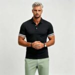 Vintage Dual Striped Cuff Collared Solid Polo, Slim Fit Short Sleeve Minimalist Pullover for Men - Image 10