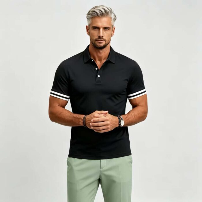 Vintage Dual Striped Cuff Collared Solid Polo, Slim Fit Short Sleeve Minimalist Pullover for Men - Image 10