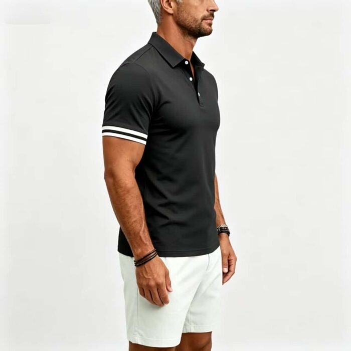 Vintage Dual Striped Cuff Collared Solid Polo, Slim Fit Short Sleeve Minimalist Pullover for Men - Image 11