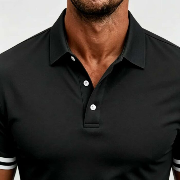 Vintage Dual Striped Cuff Collared Solid Polo, Slim Fit Short Sleeve Minimalist Pullover for Men - Image 12