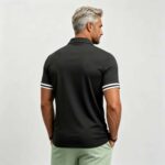 Vintage Dual Striped Cuff Collared Solid Polo, Slim Fit Short Sleeve Minimalist Pullover for Men - Image 13