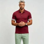 Vintage Dual Striped Cuff Collared Solid Polo, Slim Fit Short Sleeve Minimalist Pullover for Men - Image 2