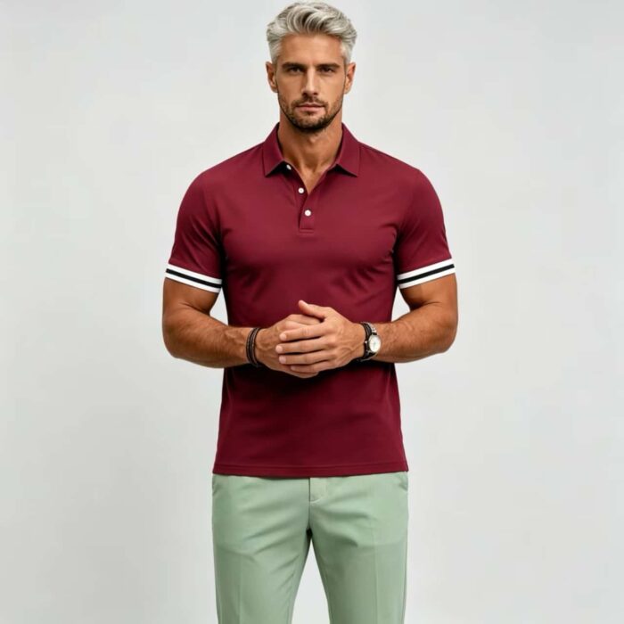 Vintage Dual Striped Cuff Collared Solid Polo, Slim Fit Short Sleeve Minimalist Pullover for Men - Image 2