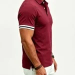 Vintage Dual Striped Cuff Collared Solid Polo, Slim Fit Short Sleeve Minimalist Pullover for Men