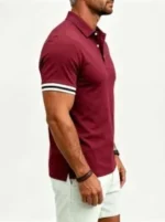 Vintage Dual Striped Cuff Collared Solid Polo, Slim Fit Short Sleeve Minimalist Pullover for Men