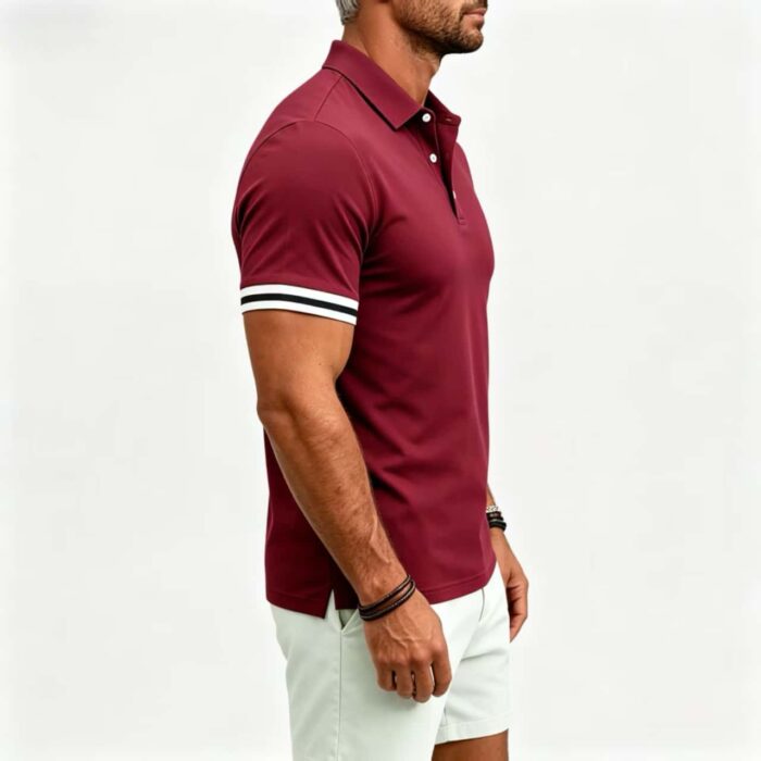 Vintage Dual Striped Cuff Collared Solid Polo, Slim Fit Short Sleeve Minimalist Pullover for Men - Image 3
