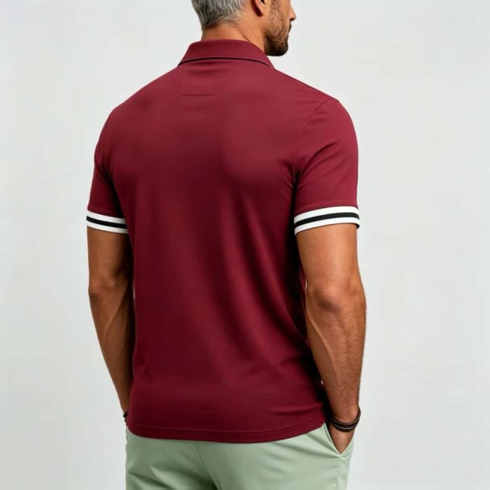 Vintage Dual Striped Cuff Collared Solid Polo, Slim Fit Short Sleeve Minimalist Pullover for Men - Image 4