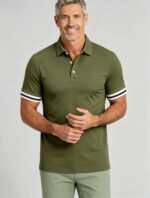 Vintage Dual Striped Cuff Collared Solid Polo, Slim Fit Short Sleeve Minimalist Pullover for Men - Image 6