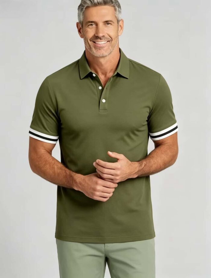 Vintage Dual Striped Cuff Collared Solid Polo, Slim Fit Short Sleeve Minimalist Pullover for Men - Image 6
