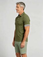 Vintage Dual Striped Cuff Collared Solid Polo, Slim Fit Short Sleeve Minimalist Pullover for Men - Image 7
