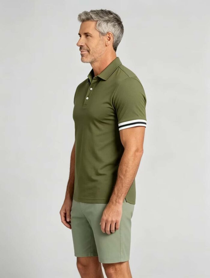 Vintage Dual Striped Cuff Collared Solid Polo, Slim Fit Short Sleeve Minimalist Pullover for Men - Image 7