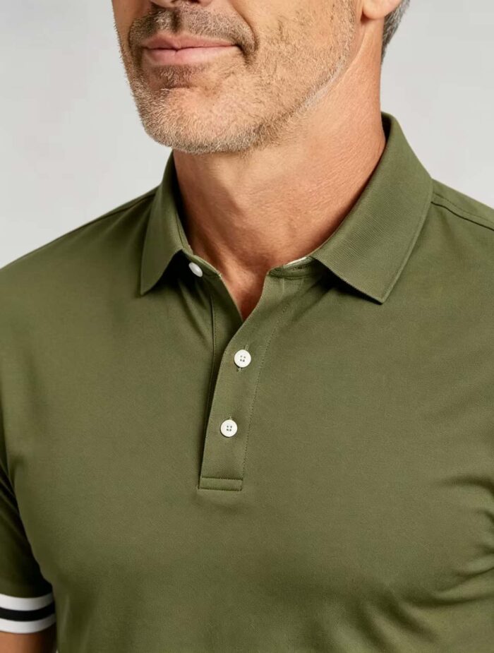 Vintage Dual Striped Cuff Collared Solid Polo, Slim Fit Short Sleeve Minimalist Pullover for Men - Image 8