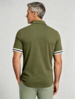 Vintage Dual Striped Cuff Collared Solid Polo, Slim Fit Short Sleeve Minimalist Pullover for Men - Image 9