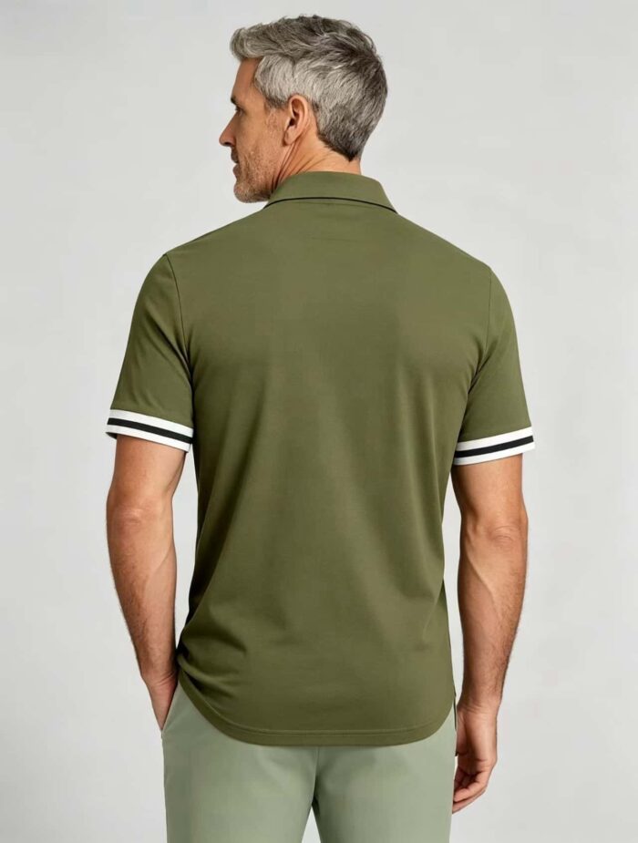 Vintage Dual Striped Cuff Collared Solid Polo, Slim Fit Short Sleeve Minimalist Pullover for Men - Image 9