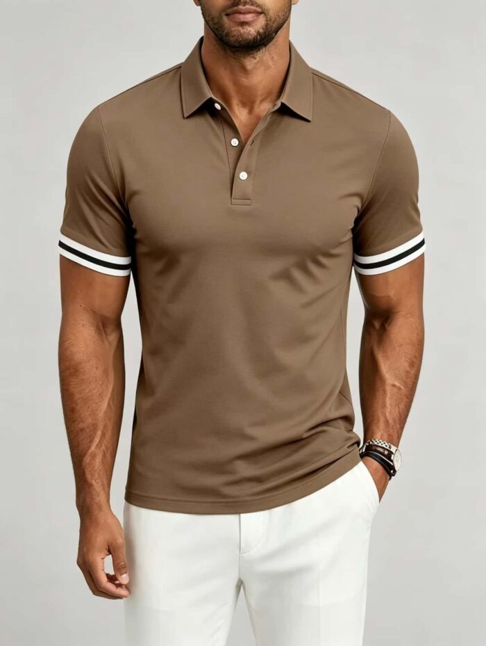 Vintage Dual Striped Cuff Collared Solid Polo, Slim Fit Short Sleeve Minimalist Pullover for Men - Image 14