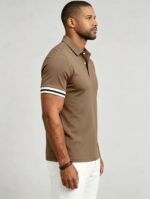 Vintage Dual Striped Cuff Collared Solid Polo, Slim Fit Short Sleeve Minimalist Pullover for Men - Image 15