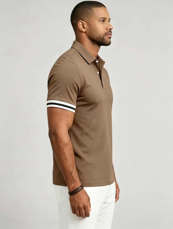 Vintage Dual Striped Cuff Collared Solid Polo, Slim Fit Short Sleeve Minimalist Pullover for Men - Image 15