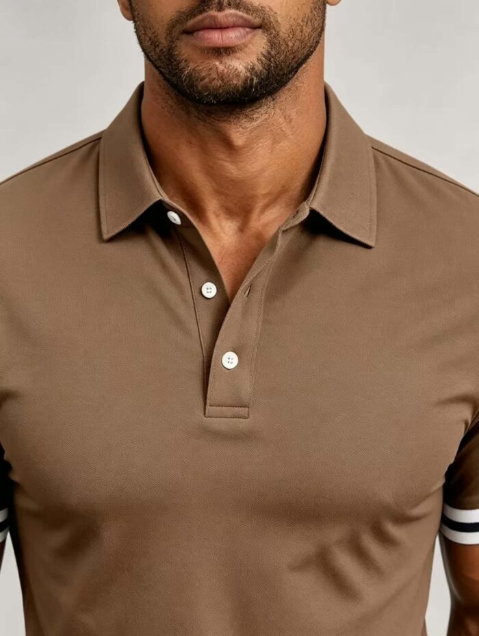 Vintage Dual Striped Cuff Collared Solid Polo, Slim Fit Short Sleeve Minimalist Pullover for Men - Image 16