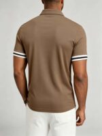 Vintage Dual Striped Cuff Collared Solid Polo, Slim Fit Short Sleeve Minimalist Pullover for Men - Image 17