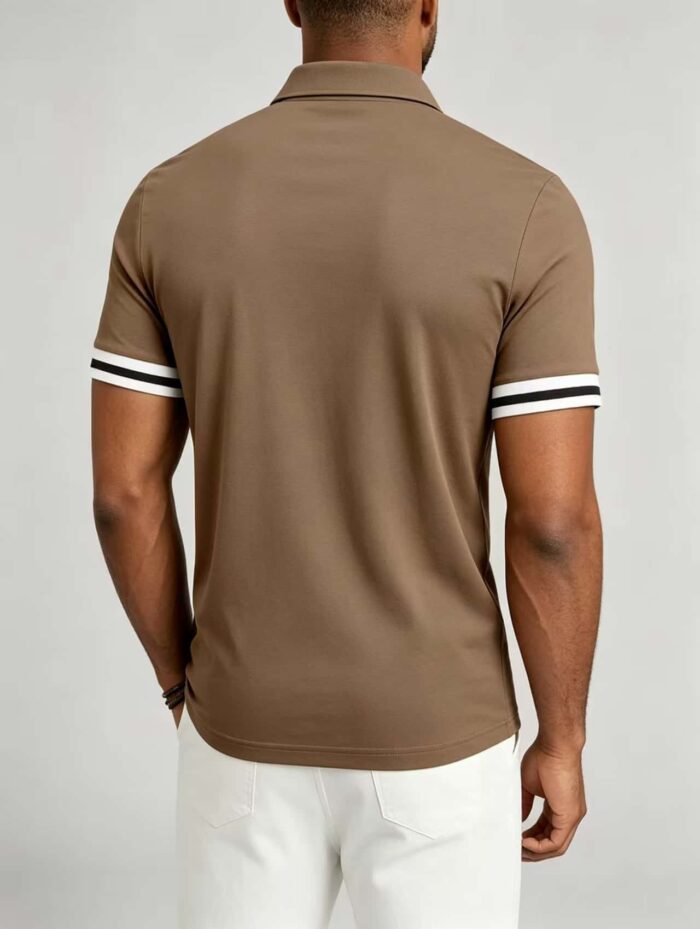 Vintage Dual Striped Cuff Collared Solid Polo, Slim Fit Short Sleeve Minimalist Pullover for Men - Image 17