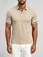 Vintage Dual Striped Cuff Collared Solid Polo, Slim Fit Short Sleeve Minimalist Pullover for Men - Image 18