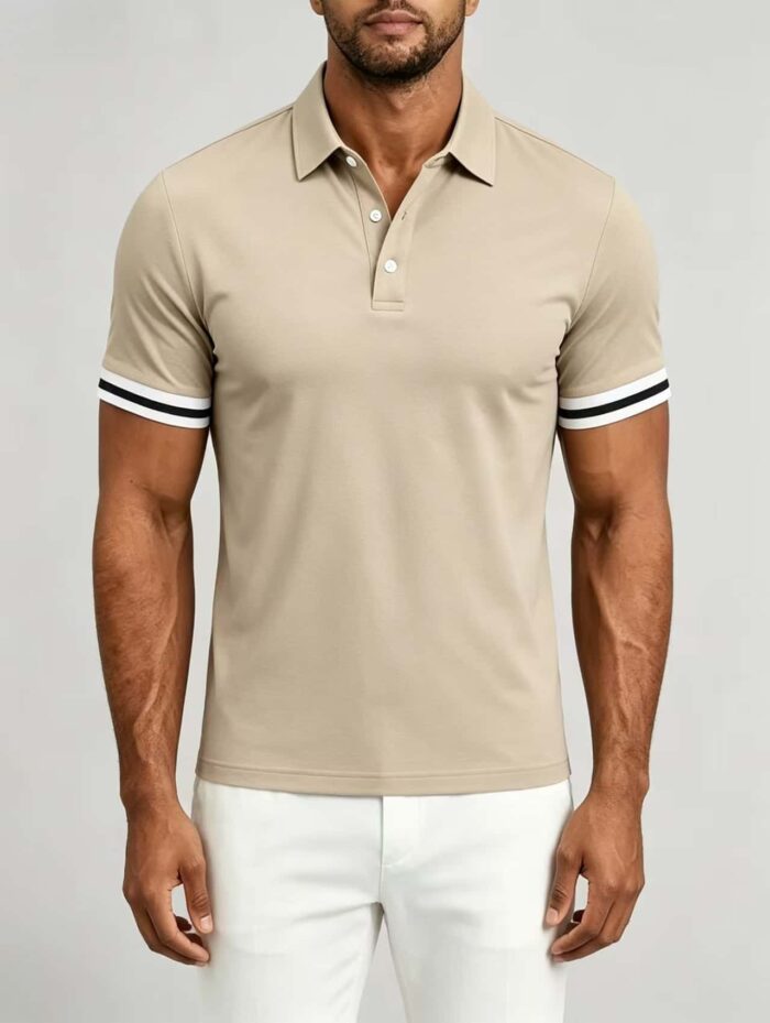 Vintage Dual Striped Cuff Collared Solid Polo, Slim Fit Short Sleeve Minimalist Pullover for Men - Image 18