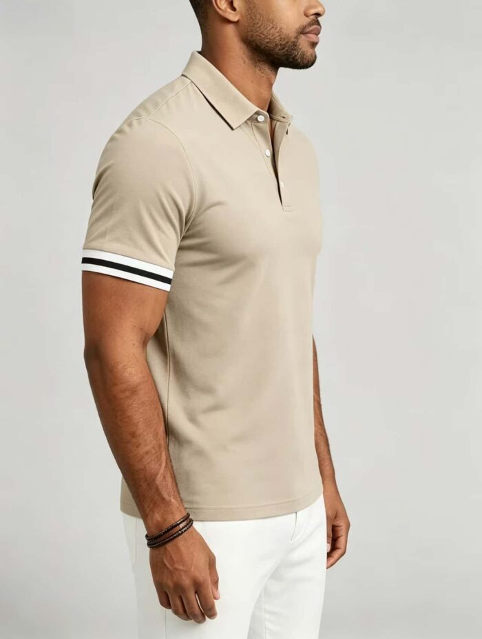 Vintage Dual Striped Cuff Collared Solid Polo, Slim Fit Short Sleeve Minimalist Pullover for Men - Image 19