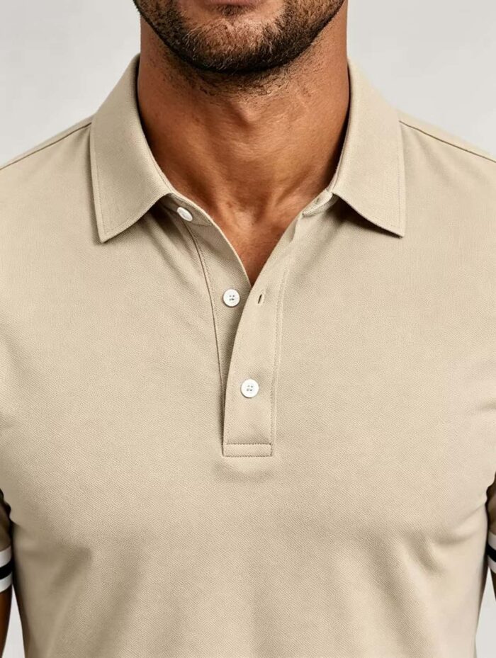 Vintage Dual Striped Cuff Collared Solid Polo, Slim Fit Short Sleeve Minimalist Pullover for Men - Image 20
