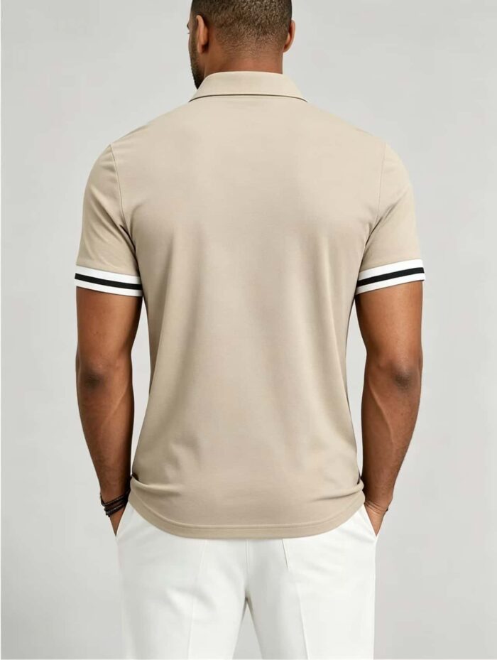 Vintage Dual Striped Cuff Collared Solid Polo, Slim Fit Short Sleeve Minimalist Pullover for Men - Image 21