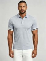 Vintage Dual Striped Cuff Collared Solid Polo, Slim Fit Short Sleeve Minimalist Pullover for Men - Image 22