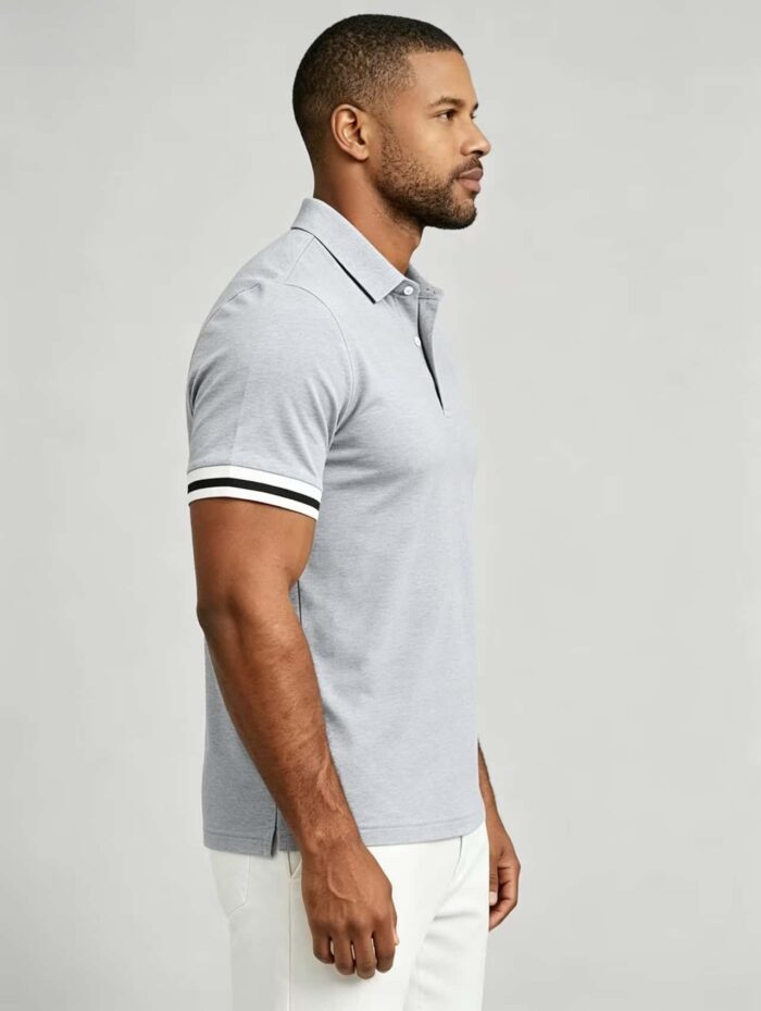 Vintage Dual Striped Cuff Collared Solid Polo, Slim Fit Short Sleeve Minimalist Pullover for Men - Image 23