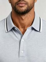 Vintage Dual Striped Cuff Collared Solid Polo, Slim Fit Short Sleeve Minimalist Pullover for Men - Image 24