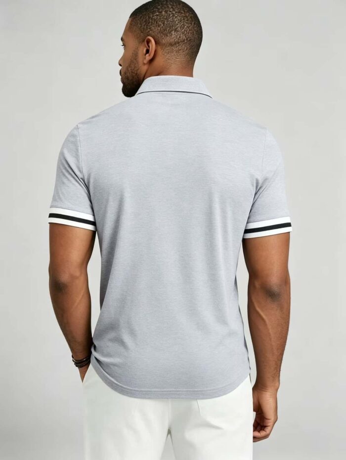 Vintage Dual Striped Cuff Collared Solid Polo, Slim Fit Short Sleeve Minimalist Pullover for Men - Image 25