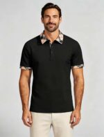 Smooth Ice Silk Plaid Contrast Panel Polo, Two-Button Collar Short Sleeve All-Match Solid Shirt for Business Casual Wear - Image 2