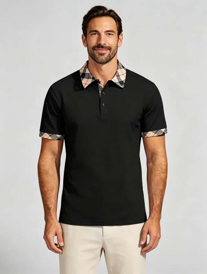 Smooth Ice Silk Plaid Contrast Panel Polo, Two-Button Collar Short Sleeve All-Match Solid Shirt for Business Casual Wear - Image 2