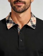 Smooth Ice Silk Plaid Contrast Panel Polo, Two-Button Collar Short Sleeve All-Match Solid Shirt for Business Casual Wear - Image 3