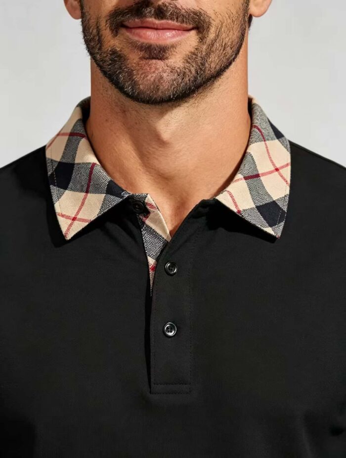Smooth Ice Silk Plaid Contrast Panel Polo, Two-Button Collar Short Sleeve All-Match Solid Shirt for Business Casual Wear - Image 3