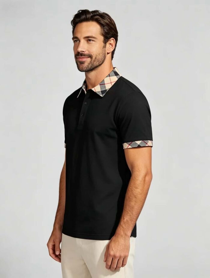 Smooth Ice Silk Plaid Contrast Panel Polo, Two-Button Collar Short Sleeve All-Match Solid Shirt for Business Casual Wear - Image 5